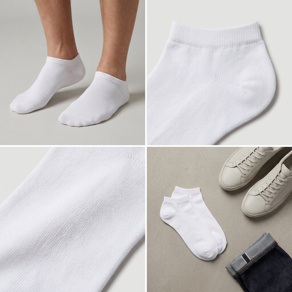 AI-generated illustration of white ankle socks showing on-foot fit, cuff detail, fabric texture and a lifestyle flat lay.